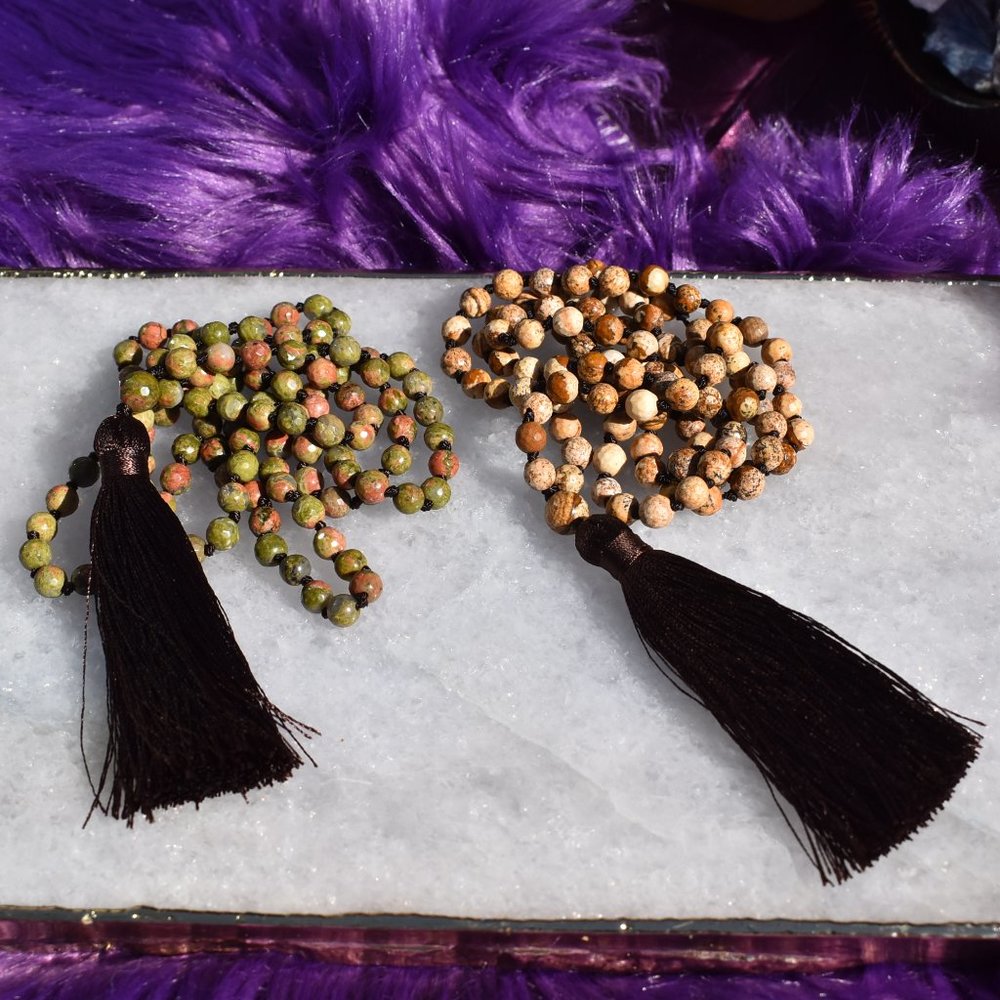 Unakite Jasper or Sand Jasper Hand Knotted Faceted 108 Bead Mala